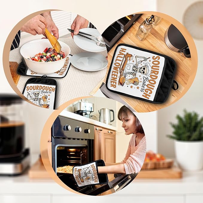 Halloween Skeleton Baker Pot Holders with Pockets, Gifts for Sourdough Bakers, Funny Halloween Skull Oven Pot Holders Heat Resistant Oven Mitts Hot Pads for Kitchen Baking Cooking