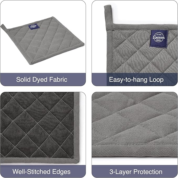 Encasa XO Heat Resistant Cotton Pot Holders with Hanging Loop - Set of 2 - Grey - Multipurpose Quilted Everyday Hot Pad for Kitchen, Camping, BBQ & Microwave - 8x8 in