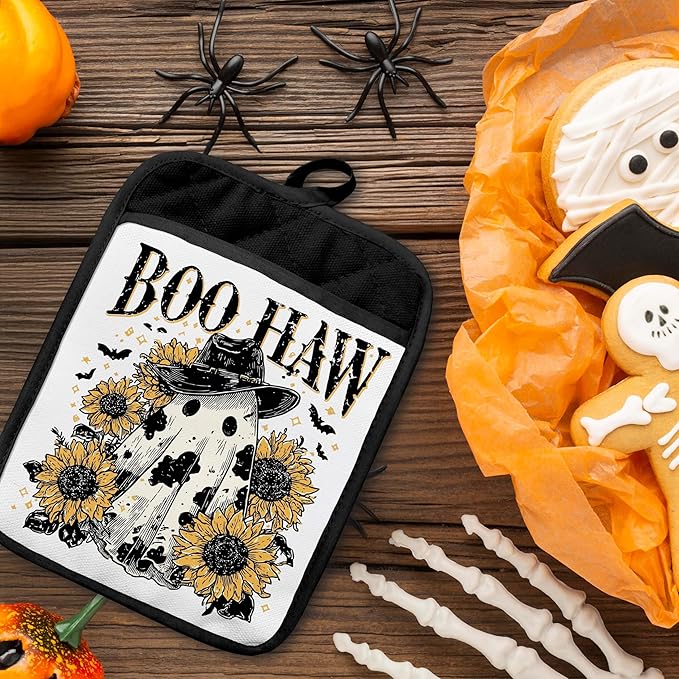Vintage Western Halloween Pot Holders with Pockets, Rustic Sunflower Cowboy Ghost Halloween Oven Pot Holders Heat Resistant Oven Mitts Hot Pads for Kitchen Baking Cooking