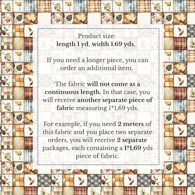Patchwork Cotton Fabric Panel 61 x 36.6 Inches, Autumn Leaves Quilt Style Pattern, Rustic Brown Beige Blue Design, 100% Cotton 140 GSM