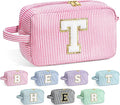 YOOLIFE Teacher Appreciation Gifts for Women - Initial Makeup Bag Letter Toiletry Pouch Cosmetic Case, Personalized Birthday Gifts for Women Girls Mom Daughter Sister Friends, Pink T