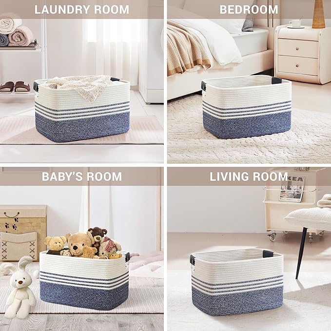 SunNewt 60L Large Laundry Basket with Leather Handles for Living Room Storage, Woven Rope Baskets Bin for Blanket, Kids Toy, Gifts, Wicker Hamper for Bedroom Dirty Clothes, 21"x15"x11" Denim Blue