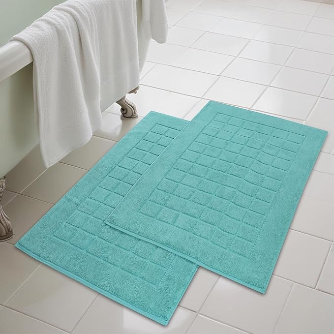 Superior 100% Cotton Bathmat Set, Bath Mats, Bathroom Decor, Shower, Bathtub Essentials, Home Accessories, Small Washable Rug, No Backing, Heavyweight, Nora Collection, Set of 2, 22" x 35", Turquoise