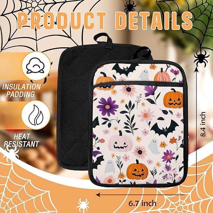 Pastel Halloween Pumpkin Floral Pot Holders with Pockets, Halloween Cute Ghost Bat Oven Pot Holders Heat Resistant Oven Mitts Hot Pads for Kitchen Baking Cooking, Set of 2