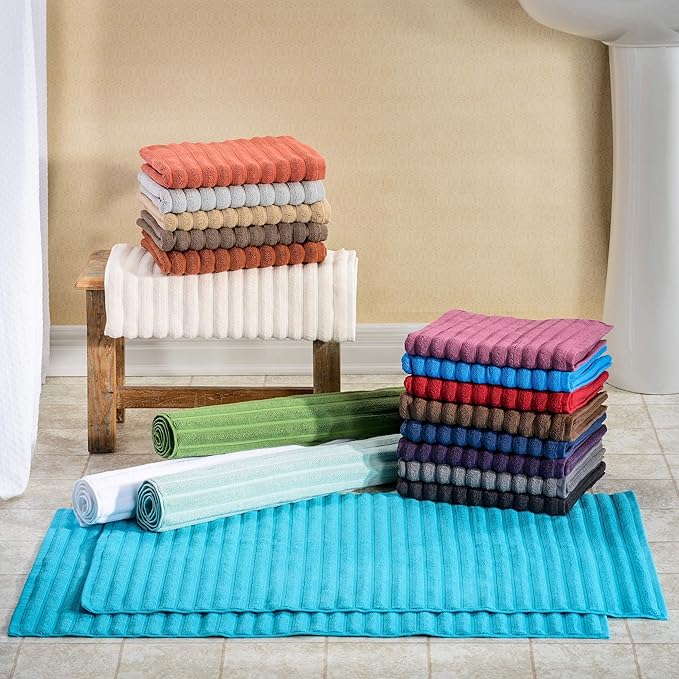 Superior Striped Bath Mat 2-Pack, 100% Combed Cotton, Luxury Spa Ribbed Texture, Durable and Washable Bathroom Mats - Cranberry, 22" x 35" each