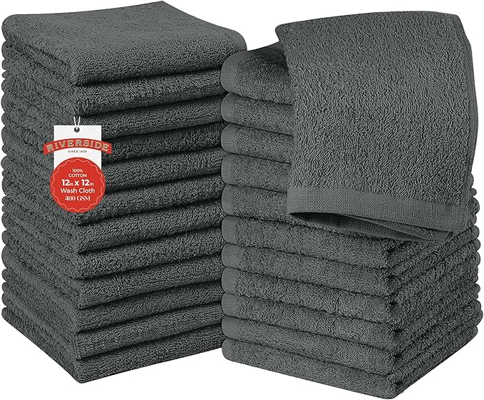 RIVERSIDE 24 Pack Washcloths Set - 100% Cotton [12x12 Inches] - 500 GSM, Soft, Quick-Dry & Highly Absorbent Face Towels - Perfect for Bathroom, Gym, Hotel, Spa & Travel - Grey