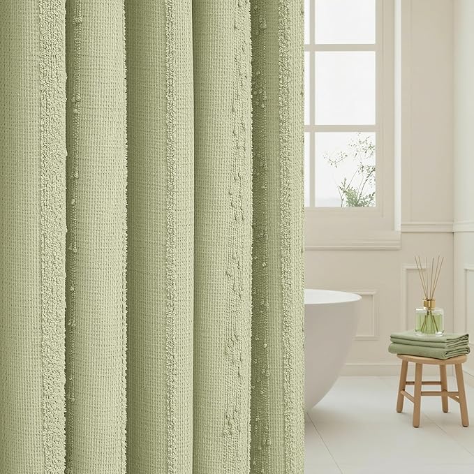 Lameirose Sage Green Shower Curtain Boho, Cotton Blend Waffle Shower Curtain Farmhouse, Fabric Shower Curtains for Bathroom, Hotel, Washable 72 x 72