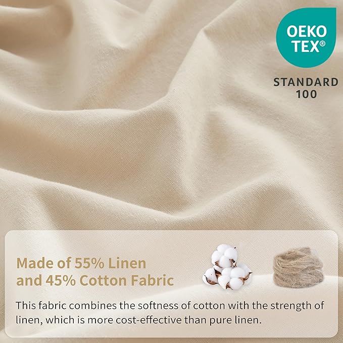 Simple&Opulence Belgian Linen Sheet Set Solid Color - 4 Pieces (1 Flat Sheet, 1 Fitted Sheet & 2 Pillowcases) Natural Flax Cotton Blend Soft Breathable Farmhouse Bedding - Queen Size, Linen/Beige