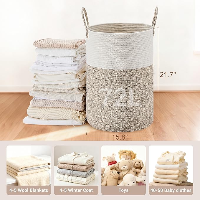 SunNewt Tall Laundry Basket with Handles, 72L Portable Dirty Clothes Hamper, Boho Cotton Rope Storage Bin for Blankets Kids Toys Gifts, Large Organizer for Baby Nursery Bedroom Bathroom, Brown