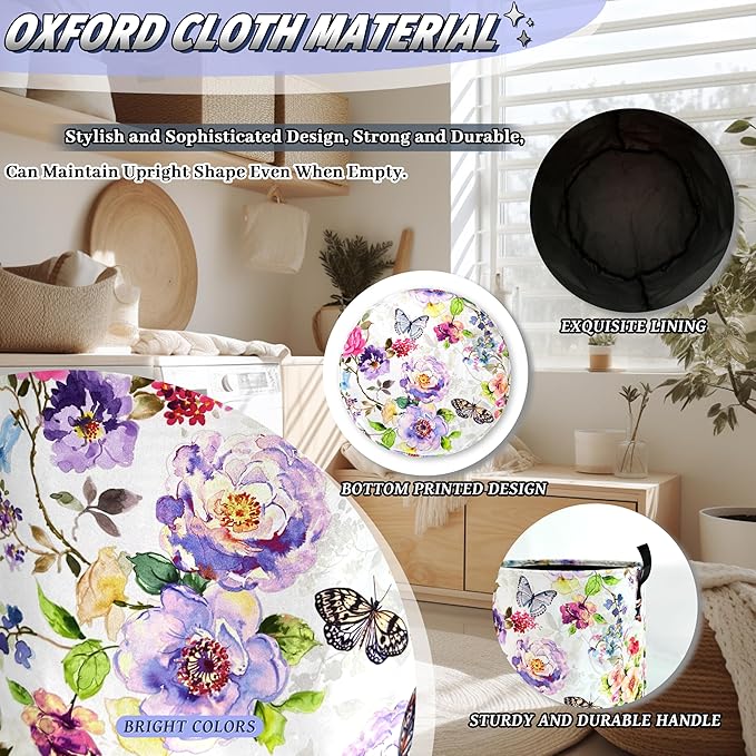 Beautiful Butterfly Floral Laundry Hamper Foldable Oxford Cloth Colorful Flowers Laundry Basket With Handle Portable Clothes Storage Basket Laundry Bag 18.9"x16.5" For Laundry Room/Bedroom/Bathrooms