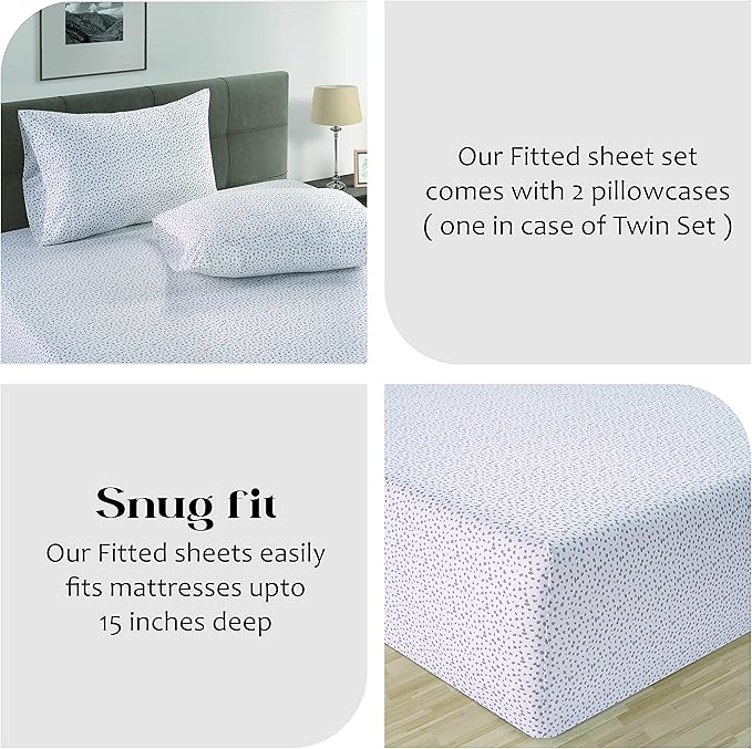 LANE LINEN Queen Fitted Sheet, 100% Organic Cotton Fitted Bed Sheets, 3 Pc Set(1 Fitted Sheet,2 Pillowcases) Percale Weave, Breathable, Fits Mattress Upto 15" Deep - White(Grey Dot)(No Flat Sheet)