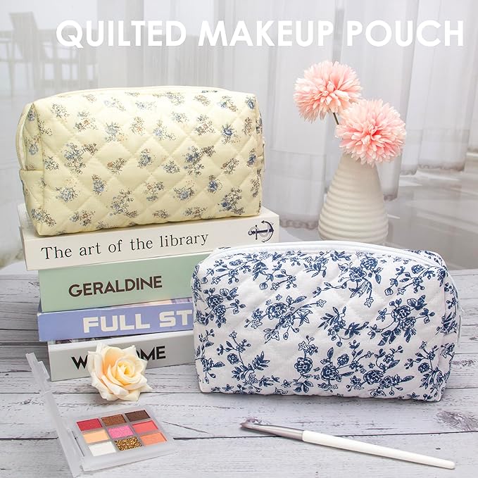 PAZIMIIK 6PCS Vintage Quilted Makeup Bag SET Cosmetic Pouch for Brushes Pencils and Travel Make Up Accessories for Women and Girls Jouy Blue