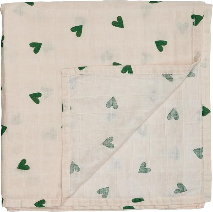 Huxie Swaddle - 100% Organic Cotton - Muslin Swaddle Blankets for Newborn, 47" x 47" (Green Hearts)