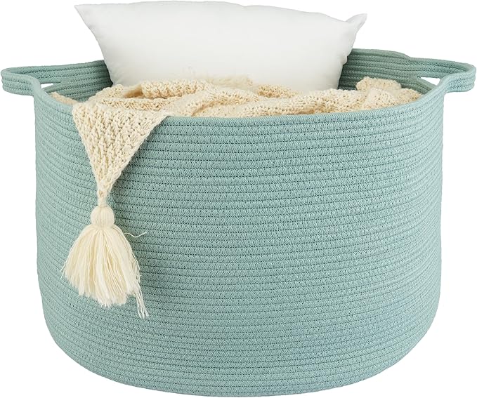 XUANGUO Large Cotton Rope Basket – 22"x14" Woven Storage Basket for Blankets, Toys, Laundry, and Nursery – Round Baskets for Living Room, Kids, and Pets Light Green