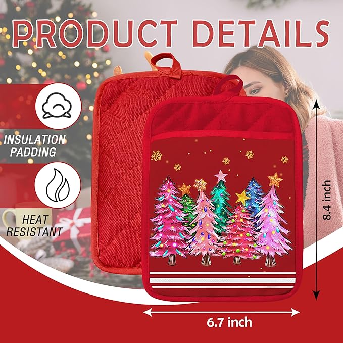 Red Merry Christmas Tree Pot Holders with Pockets, Holiday Winter Snowflake Colorful Christmas Tree Oven Pot Holders Heat Resistant Oven Mitts Hot Pads for Kitchen Baking Cooking, Set of 2