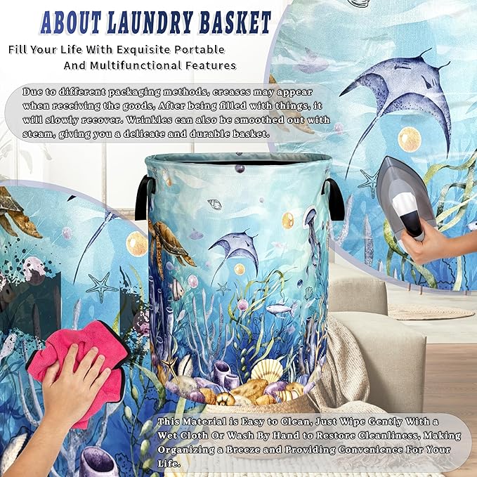 Sea Turtle Laundry Basket Oxford Cloth Ocean Animals Fish Coral Laundry Hamper With Handle Portable Clothes Storage Basket Foldable Turtles Laundry Bag 18.9"x16.5" For Laundry Room/Bedroom/Bathrooms