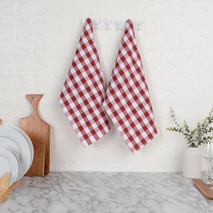 Blue Needles Waffle Weave Check Plaid Kitchen Towels, 15x25 Inches 100% Cotton Set of 4 Dish Towels for Kitchen, Soft & Absorbent for Quick Drying with Hanging Loop Spring Summer - Burgundy & White
