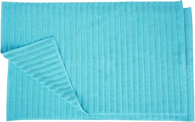 Superior Striped Bath Mat 2-Pack, 100% Combed Cotton, Luxury Spa Ribbed Texture, Durable and Washable Bathroom Mats - Turquoise, 22" x 35" each