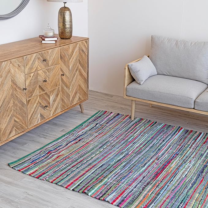 HOMEMONDE Boho Chindi Rag Rug 20"x32" Multi Green Recycled Soft Cotton Fabric Hand Crafted Reversible Boho Rugs for Entyrway, Doormat, Kitchen, Bedroom, Living Room
