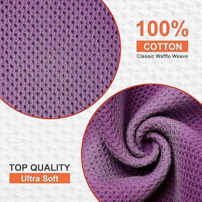 Kitinjoy 100% Cotton Kitchen Dish Cloths, 12 Pack Waffle Weave Ultra Soft Absorbent Dish Towels for Drying Dishes Quick Drying Kitchen Towels Dish Rags, 12 X 12Inch, Violet