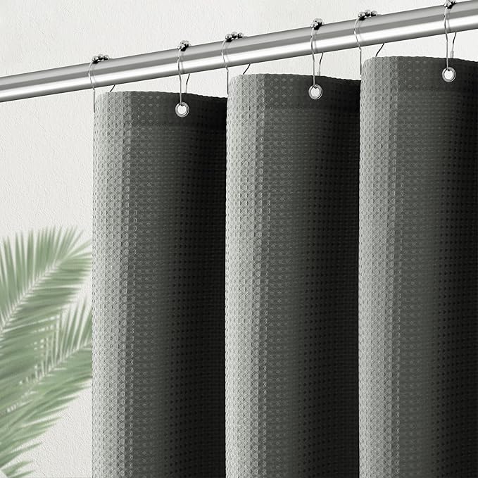 PANGSINNE Gray Shower Curtain Waffle Weave 36 Inches Heavy Duty Stall Fabric Shower Curtain Set for Bathroom, Waterproof Weighted 256GSM Half Size Shower Curtains with 6 Hooks, 36Wx72H Grey