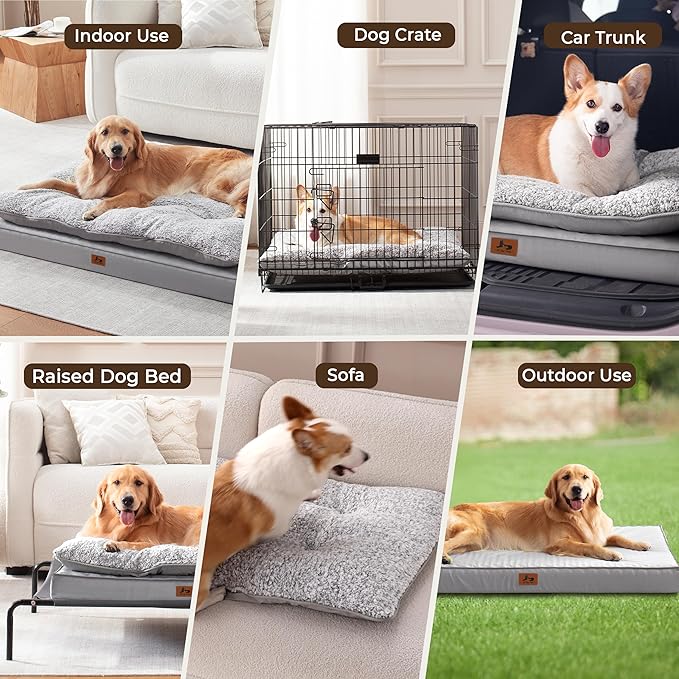 Warmrest 2-Pack XL Waterproof Dog Bed Large Size Dogs, Plush Cushion & Orthopedic Egg-Crate Foam Mattress for Senior Dogs, Washable Dog Crate Bed with Removable Cover, Light Grey