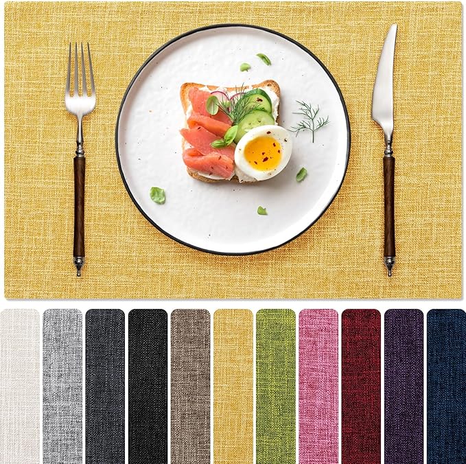 Blue Forest Placemats Set of 4, Dual-Layered Thickened Faux Linen Cloth Place Mats Heat Resistant Machine Washable Wrinkle Free Table Mats Indoor/Outdoor (Yellow)