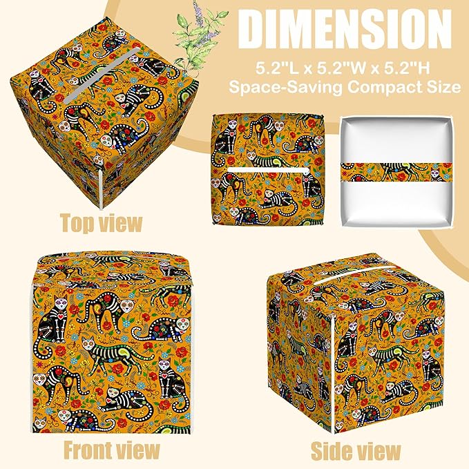 BLYKVGHQ Day of The Dead Square Tissue Box Cover Sugar Skull Black Cats Tissue Box Holder Facial Cube Paper Dispenser Leather Decorative Organizer Home Office Desk Decor, 5.2"x5.2"x5.2"