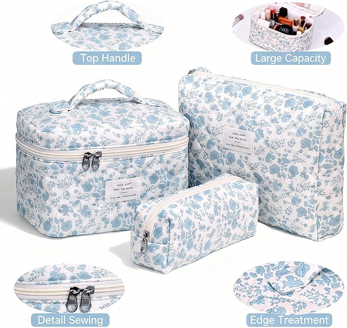 PGAXM 3PCS Makeup Bag,Quilted Cosmetic Bag,Large Floral Makeup Bag for Women,Cute Cotton Cosmetic Bag Set,Travel Toiletry Bag For Women(White blue)