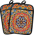 Boho Vibrant Mandala Floral Pot Holders 2 Pack Set, Vintage Hinduism Spiritual Folk Lotus Flower Mandala Heat Resistant Oven Hot Pads for Kitchen Countertop Baking，064 Potholder