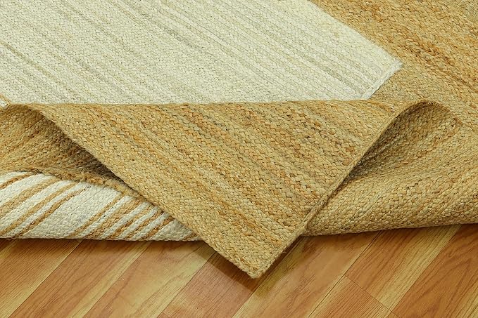 Scalloped Edge Rug, Hand Woven Natural Jute Area Rug, 5x8 Ft Beige & Brown Braided Sisal Kilim Rugs for Living Room, Kitchen, Entryway, Farmhouse