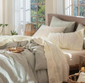 MooMee Bedding Sheet Set 100% Washed Cotton Linen Like Textured Breathable Durable Soft Comfy (Solid Cream White, Split King)