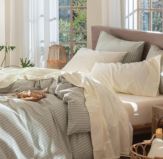 MooMee Bedding Sheet Set 100% Washed Cotton Linen Like Textured Breathable Durable Soft Comfy (Solid Cream White, King)