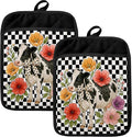 Trendy Floral Cow Pot Holders for Kitchen, Gifts for Cow Lovers Women, Rustic Farm Animal Checkerboard Heat Resistant Hot Pads and Oven Mitts for Baking Cooking