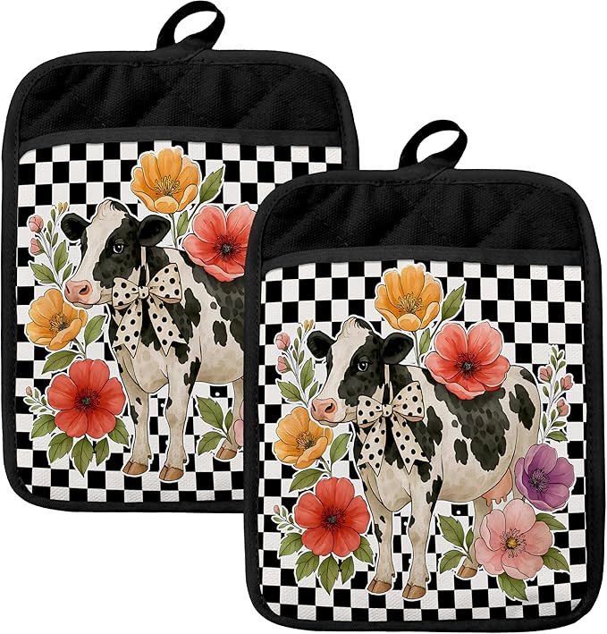 Trendy Floral Cow Pot Holders for Kitchen, Gifts for Cow Lovers Women, Rustic Farm Animal Checkerboard Heat Resistant Hot Pads and Oven Mitts for Baking Cooking