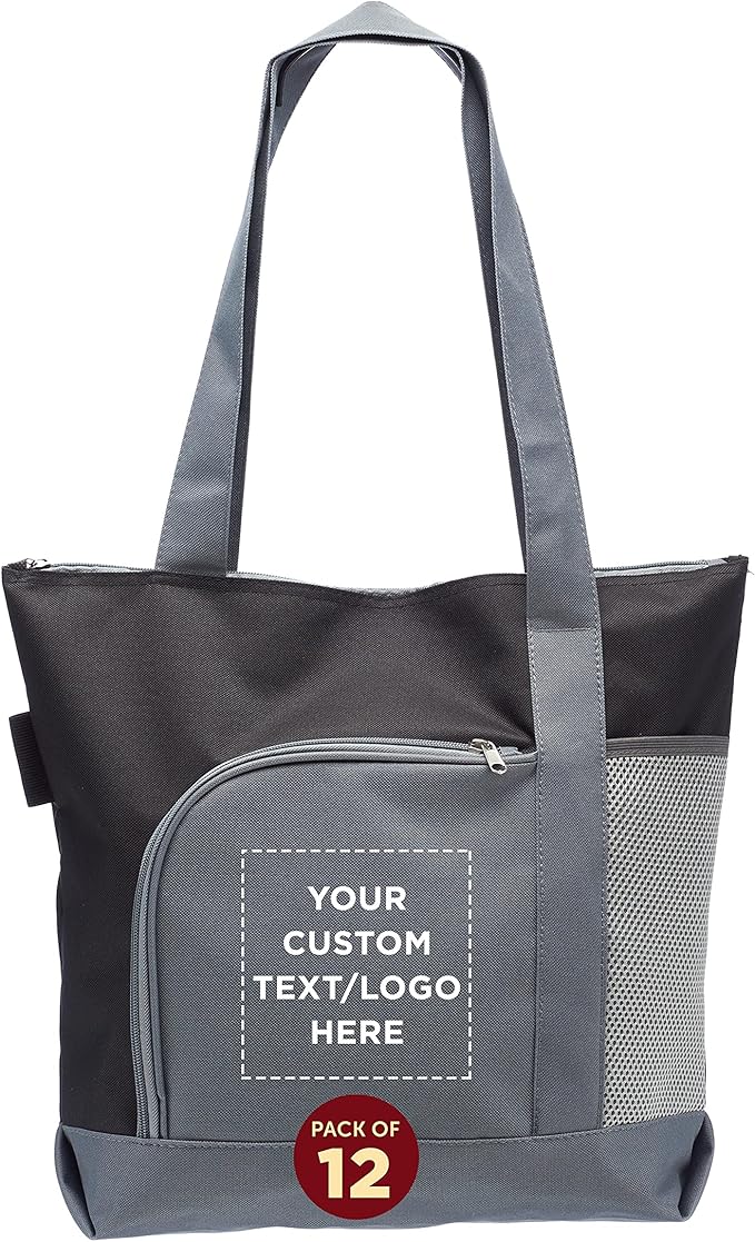 DISCOUNT PROMOS Custom Go Getter Sport Tote Beach Bags Set of 12, Personalized Bulk Pack - Reusable, Great for Shopping, Beach, Picnic, Other Outdoor Adventure - Black