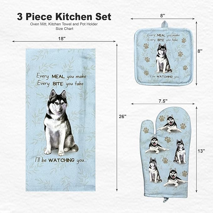 Siberian Husky 3-Piece Kitchen Set -Oven Mitt, Pot Holder & Kitchen Towel Set, Heat Resistant up to 420 F, Soft Quilted Cotton for Cooking, Baking, BBQ, Pet Lover Gifts (Siberian Husky)