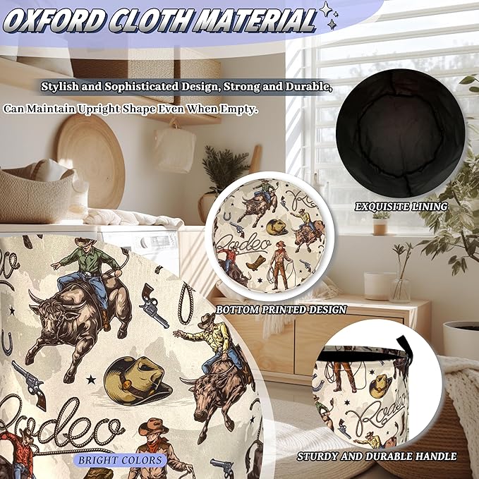Western Cowboy Laundry Basket Oxford Cloth Cowboy Hat Funny Laundry Hamper With Handle Portable Clothes Storage Basket Foldable Western Print Laundry Bag 18.9"x16.5" For Laundry Room/Bedroom/Bathrooms