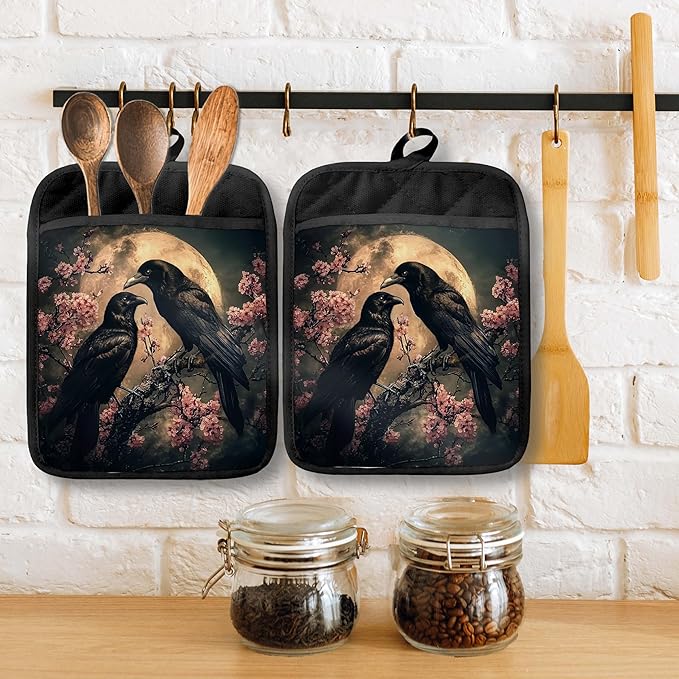 Moody Moonlit Gothic Raven Pot Holders with Pockets, Dark Academia Halloween Crow Cherry Blossom Oven Pot Holders Heat Resistant Oven Mitts Hot Pads for Kitchen Baking Cooking