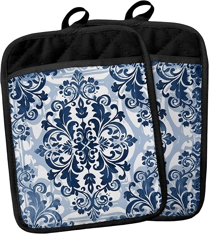 Blue and White Porcelain Floral Pot Holders with Pockets, Blue Chinoiserie Floral Pot Holders Heat Resistant Oven Mitts Hot Pads for Kitchen Baking Cooking,Potholders for Kitchens
