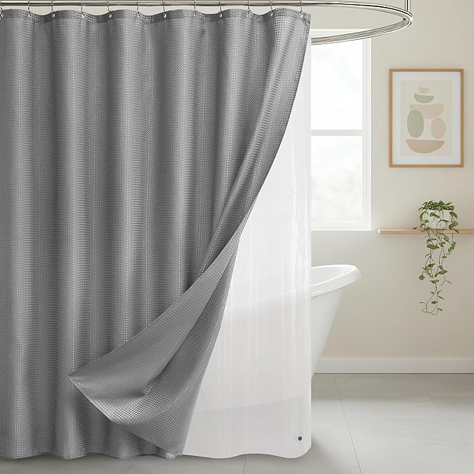 Lameirose Grey Shower Curtain and Liner Set, 3 in 1 Waffle Shower Curtain Set with 12 Double Sided Shower Curtain Hooks, Fabric Shower Curtains for Bathroom 72 x 72