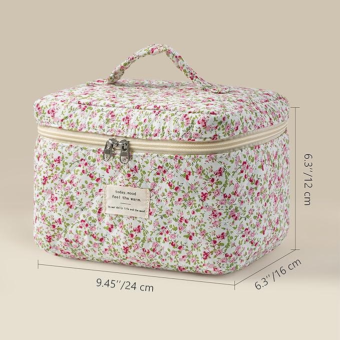 HBselect Christmas Gifts Large Quilted Makeup Bag, Cute Cotton Travel Makeup Bag with Handle, Portable Coquette Floral Make up Bags, Toiletry Organizer Make up Bags for Women Teen Girls Mom
