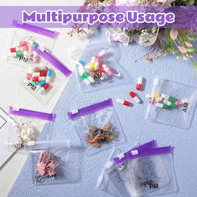 24 Pieces Pill Pouch Bags Zippered Pill Pouch Set Reusable Translucent Medicine Organizer Self Sealing Medicine Bag Travel Plastic Pill Bags with Slide Lock Pill Baggies for Pills (Purple, Clear)
