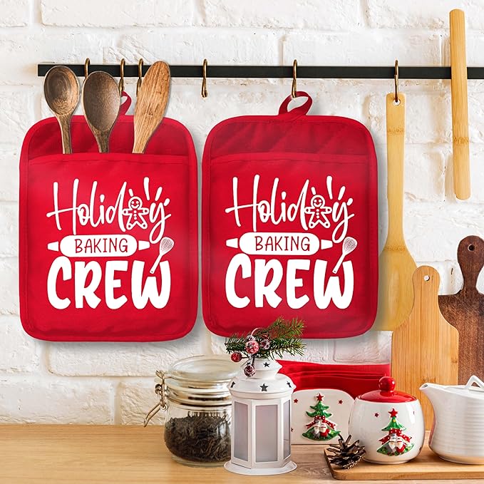 Christmas Holiday Baking Crew Pot Holders with Pockets, Red Christmas Gingerbread Baker Oven Pot Holders Heat Resistant Oven Mitts Hot Pads for Kitchen Baking Cooking