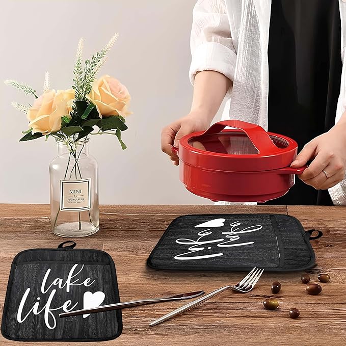 Lake Life Gifts Pot Holders with Pockets, Lake Life House Gifts for Cabin Owners Women Oven Pot Holders Heat Resistant Oven Mitts Hot Pads for Kitchen Baking Cooking (Black)