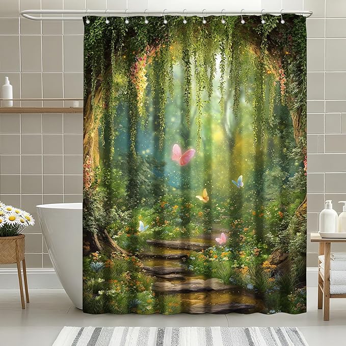 mutakin Green Tree Shower Curtain Butterflies Shower Curtains for Bathroom Waterproof Fabric Bath Curtain Decor with Hooks
