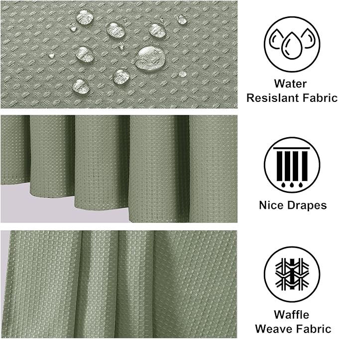 OWENIE Sage Green Shower Curtain 96 Inch Extra Long, Waffle Weave Textured Fabric Bathroom Curtains, Water Repellent Thick Soft Hotel Spa Luxury Elegant Bath Curtain, Machine Washable, 72x96 Inch