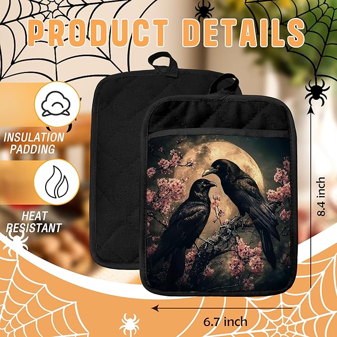 Moody Moonlit Gothic Raven Pot Holders with Pockets, Dark Academia Halloween Crow Cherry Blossom Oven Pot Holders Heat Resistant Oven Mitts Hot Pads for Kitchen Baking Cooking