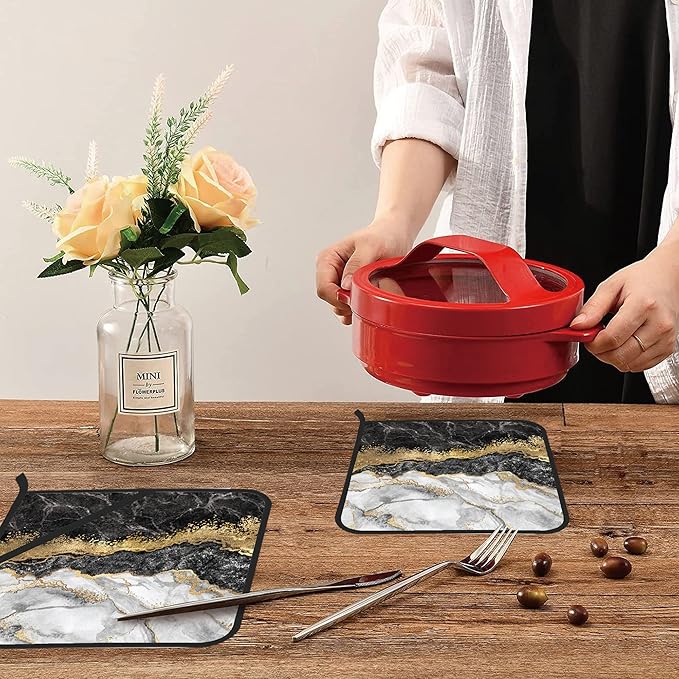 White Black Gold Marble Pot Holders Set of 2 Kitchen Heat Resistant Potholder for Microwave Cooking Baking Oven End Dishes and BBQ