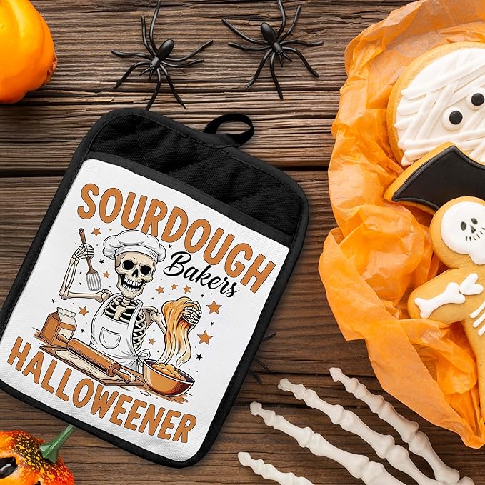 Halloween Skeleton Baker Pot Holders with Pockets, Gifts for Sourdough Bakers, Funny Halloween Skull Oven Pot Holders Heat Resistant Oven Mitts Hot Pads for Kitchen Baking Cooking